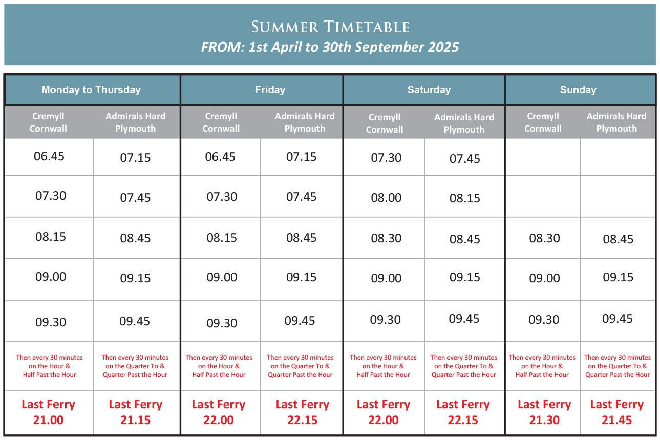 Cremyll Ferry Summer 2025 Timetable