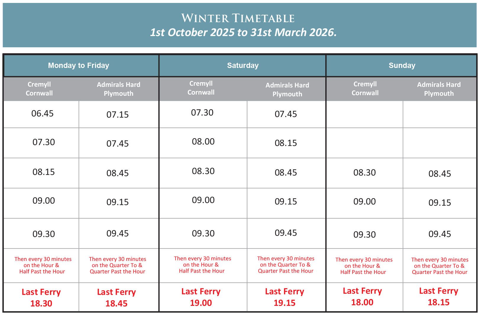 Cremyll Ferry Winter 2025 Timetable